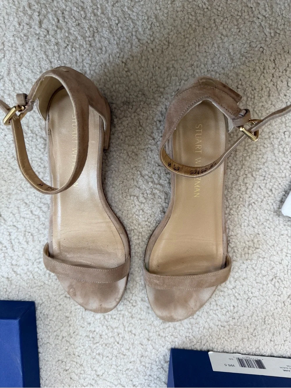 Stuart Weitzman Tan Suede Ankle Strap Block Heel Sandals